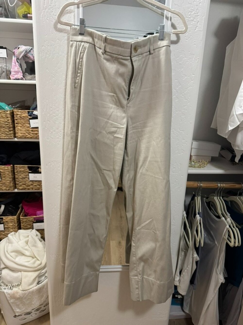 Spanx Stretch Twill Wide Leg Pants Stone Khaki Trouser Size L